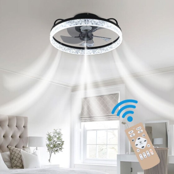(Black) Modern Round Crystal LED Ceiling Fan Light with Remote Control